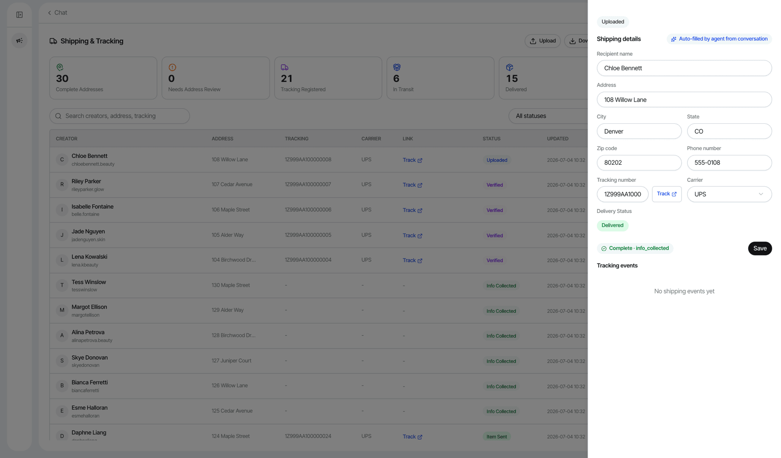 Storika shipping workspace - tracking table with a shipment drawer auto-filled by the agent from conversation